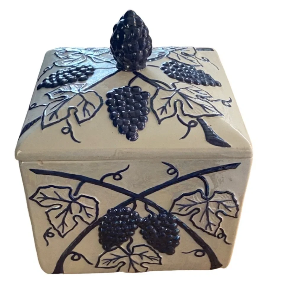 White Ceramic Trinket Decorative Box with Blue Grape Design. 2 Piece with Cover.